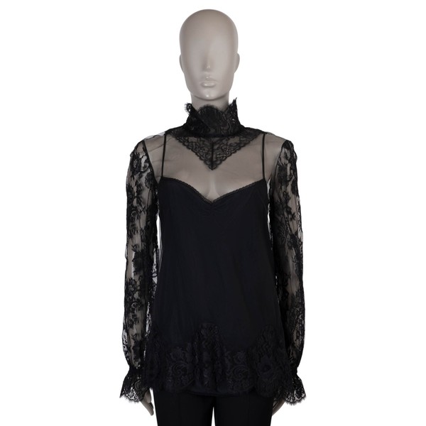 73717 Auth GUCCI Black Polyamid 2022 TULLE & CHANTILLY LACE Shirt 44 L