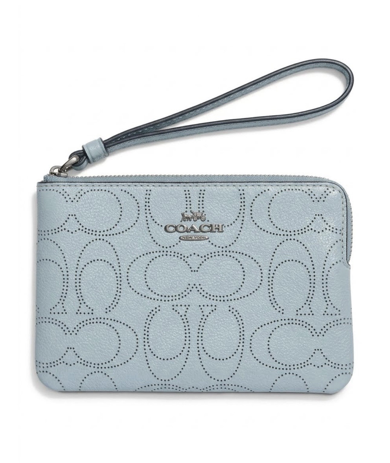 COACH Perforated Signature Leather Corner Zip Wristlet Pastel Blue NWOT