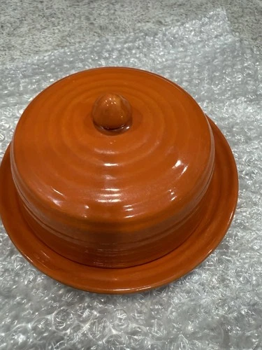 Vintage Bauer Ring Ware Orange Pottery Covered Butter Dish