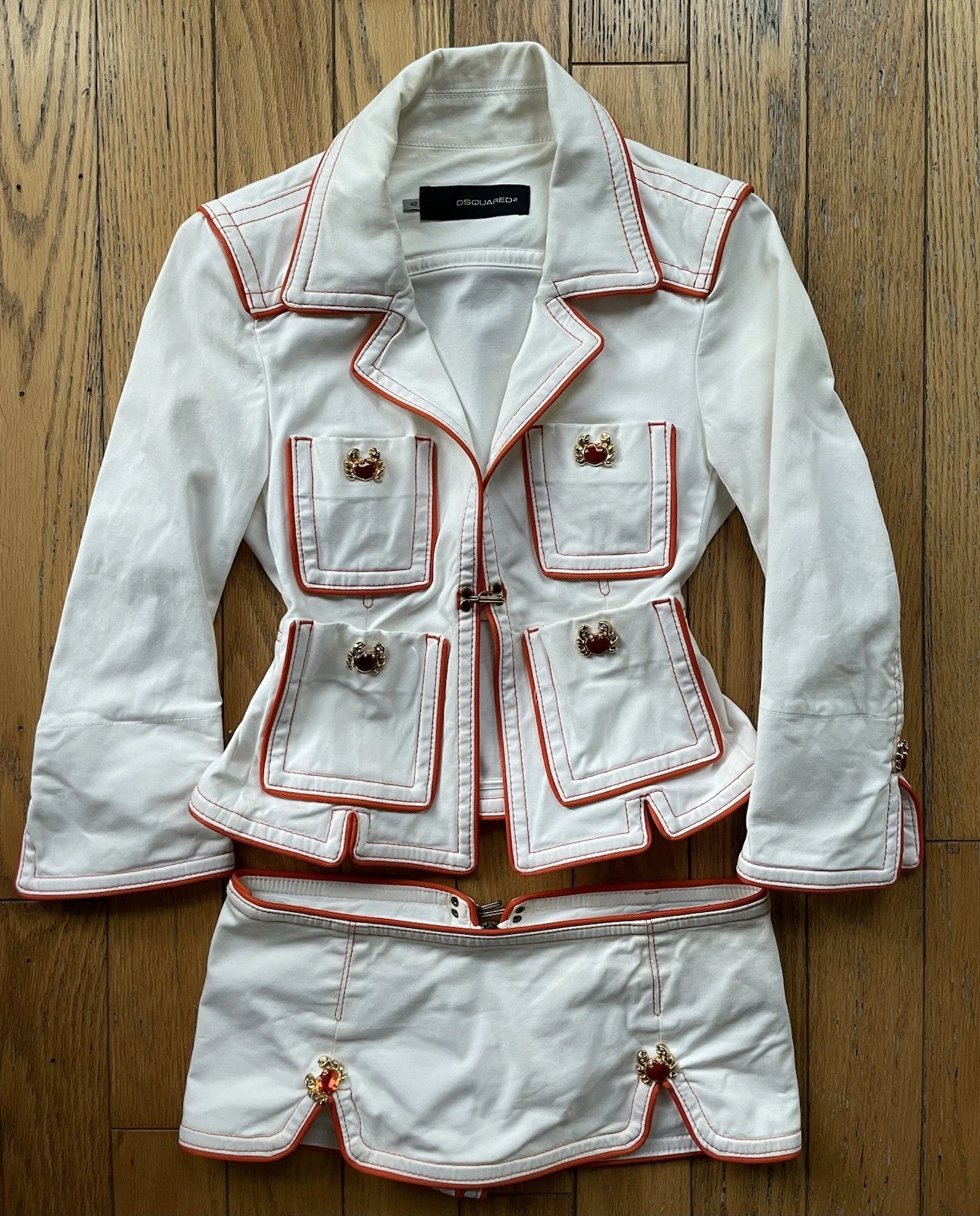 DSQUARED2 2005 Set giacca e micro minigonna vintage bianca e arancione 42 40