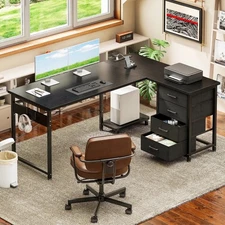 Modern L-Shaped Computer Desk 4 Storage Drawers Built-In AC/USB Port Home Office