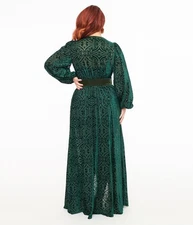 Unique Vintage Green Velvet Burnout Hollywood Duster - Small