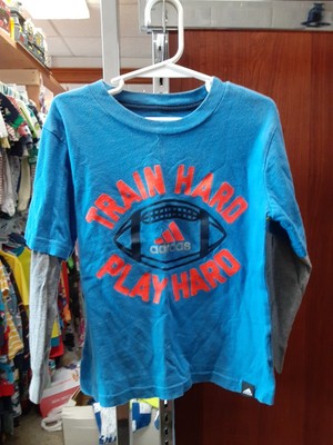 Blue And Orange Adidas Football Long Sleeve Train Hard, Play Hard Shirt. Size 4.