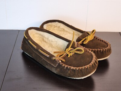 Minnetonka Shoes Youth 13 Slip On Boat Moccasins Brown Leather Faux Fur 4812