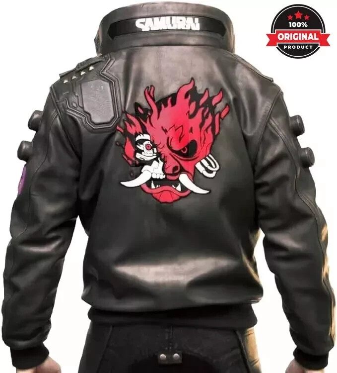 Black Samurai Embroidered Real Leather Motorcycle Bomber Jacket