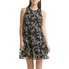 CALVIN KLEIN ☆ Black Embroidered Floral Sleeveless A-Line Dress ☆ Size 4