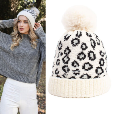 Leopard-Print & Faux Fur Pom-Pom Beanie LP-43 Leopard Beanie w/Faux Fur Pom – girliegirloriginals main image 2