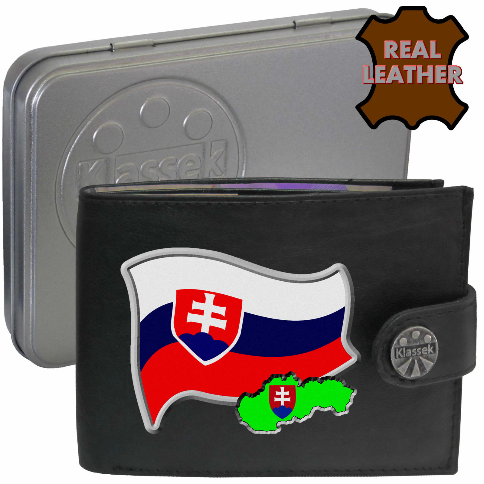 Slovakia Wallet Slovakian Flag Map Soft Real Leather Men's Gift With Tin RFID