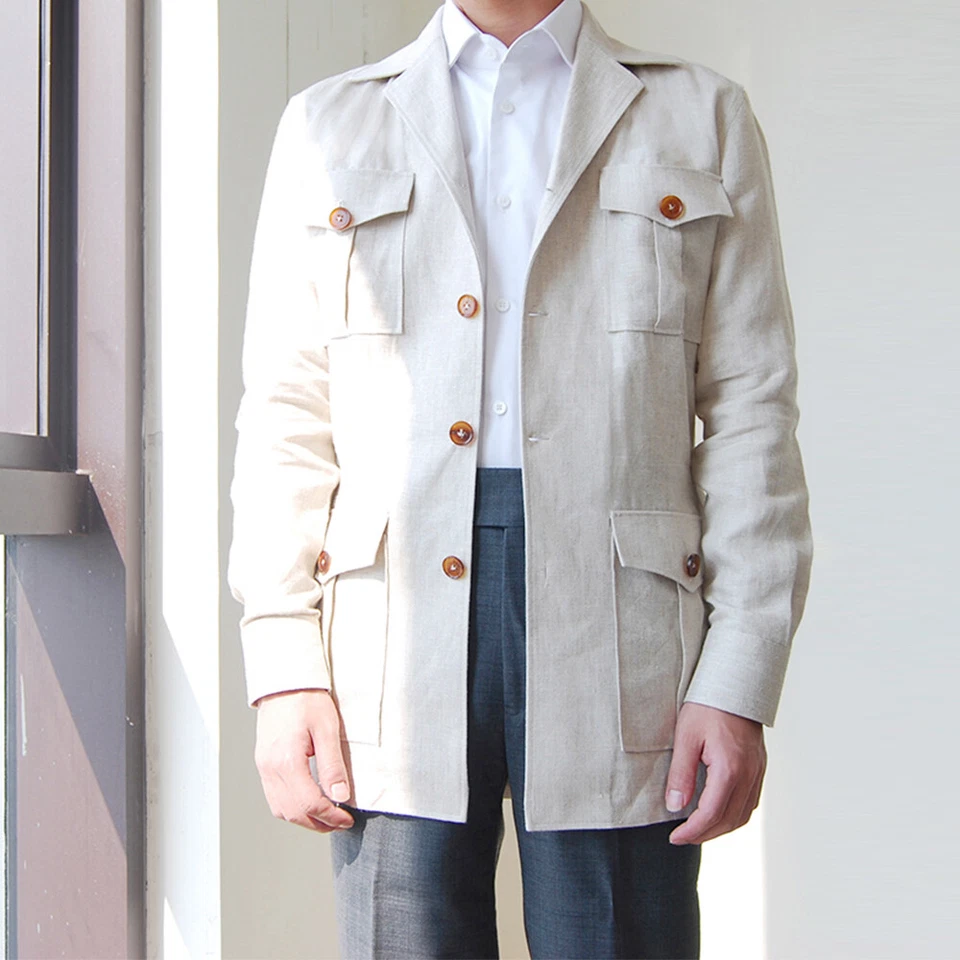 Льняная куртка-сафари мужской костюм повседневный британский стиль охотничье пальто с четырьмя карманами - Изображение 2 из 4