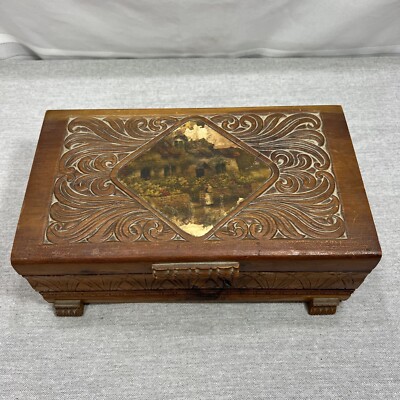 Vtg Wood Carved Jewelry Trinket Box with Mirror Italy Floral Country Scene