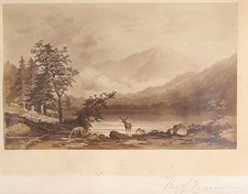 DEER BY THE LAKE PHOTO OF PAINTING 1868 SIGNED BY ARTIST