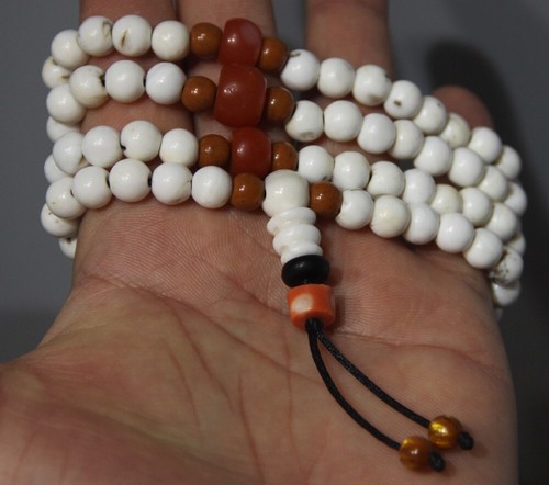 Tibet 108P 1800s Old Buddhist White Coral Mala Nanhong Agate Prayer Bead Amulet - Picture 4 of 20