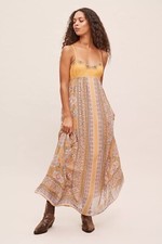 New Anthropologie Calida Maxi Dress V Neck Geometric Yellow Sz 10