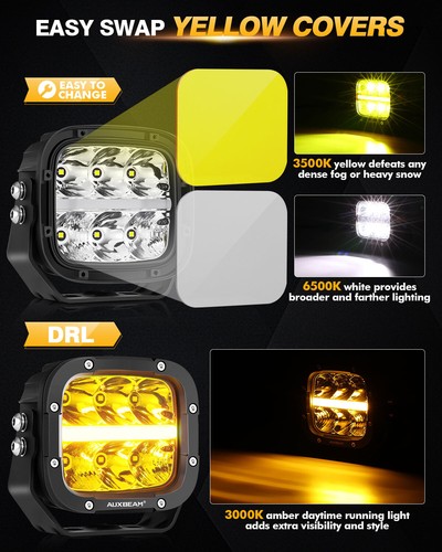 Par de luces de trabajo LED ámbar blanco de 5 pulgadas AUXBEAM DRL + cubierta para Toyota Tundra - Imagen 3 de 12