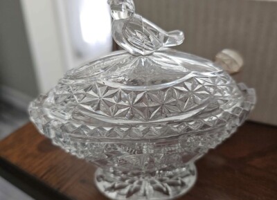 HOFBAUER GERMAN Crystal Candy Dish w/Lid Engraved Birds ''BYRDES  Vintage