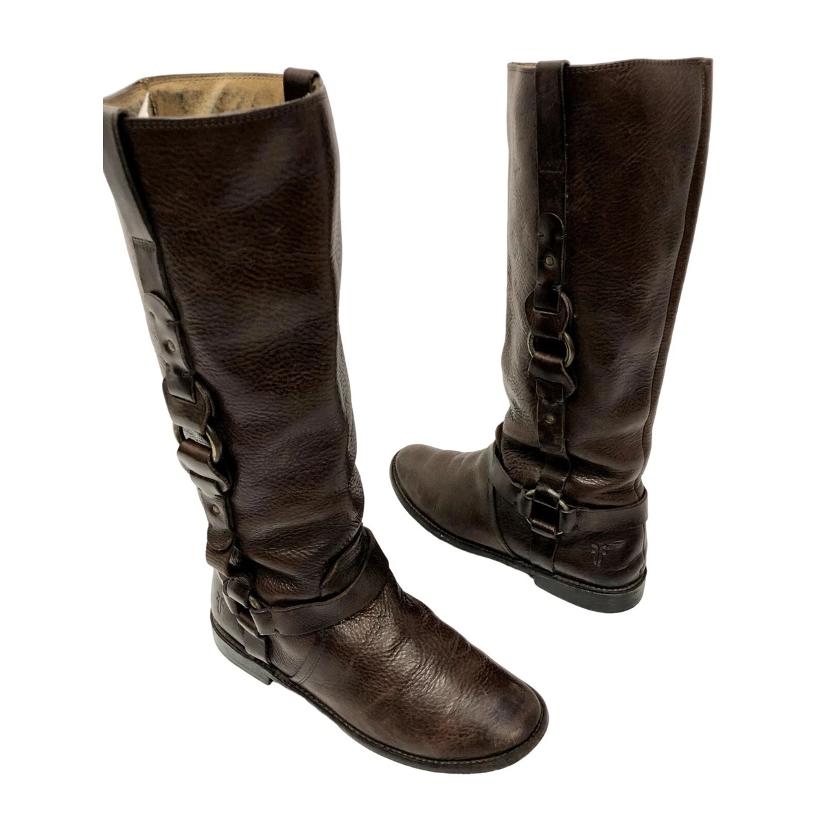 Vtg Frye Women s Brown Leather Paige Loop Harness Distressed Riding Boots 7 B