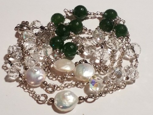 Silver Toned Chain Necklace Real Stone Beads Freshwater Pearls Crystals Jade 18" - Picture 12 of 12