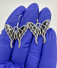 Beautiful Black Enamel Sterling Silver 925 Elongated Butterfly Earrings 0.9  