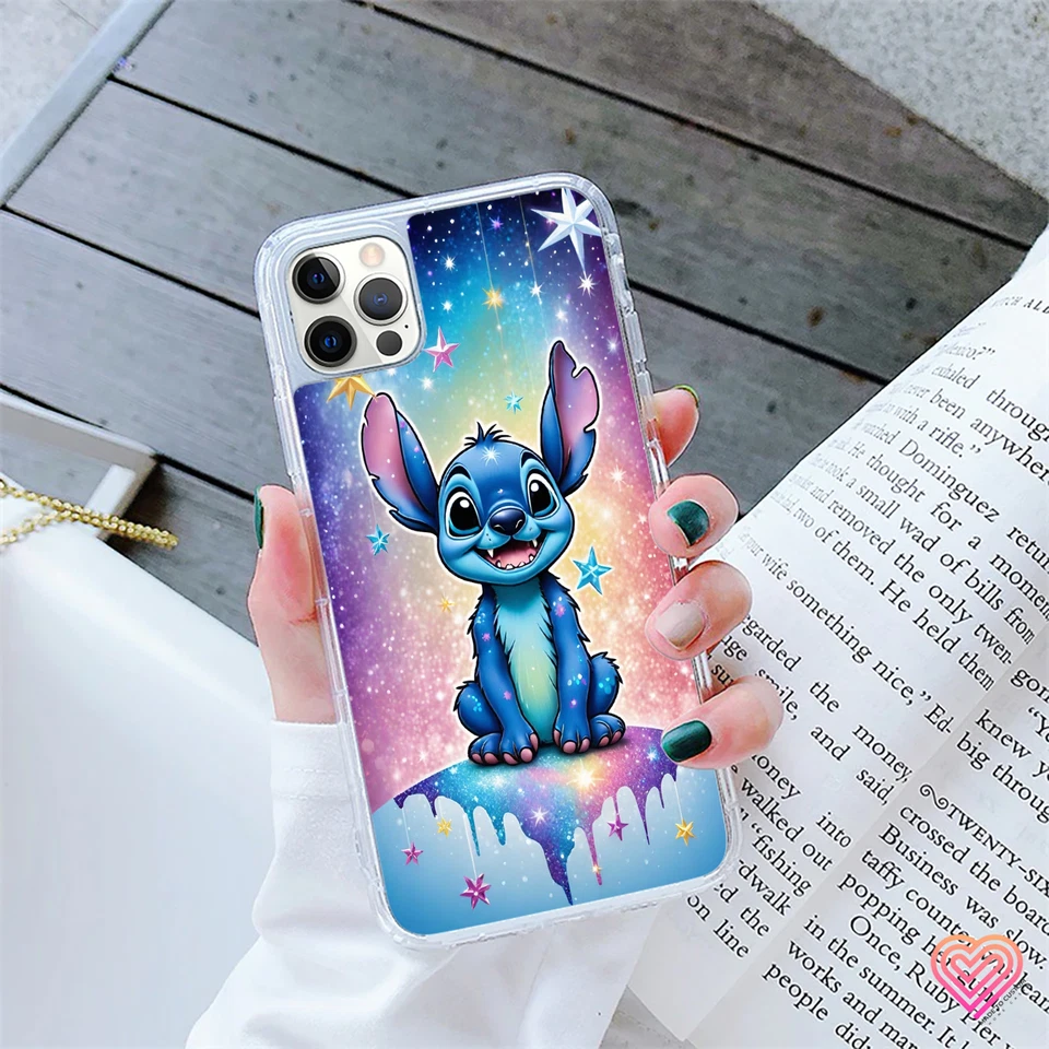 Angle view showing precise cut-outs and slim glossy profile of the Stitch phone case