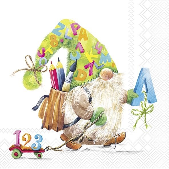 4 x Lunch Napkins/33cm/3Ply/Decoupage/Little Gnome/Numbers/Letters/Bernie