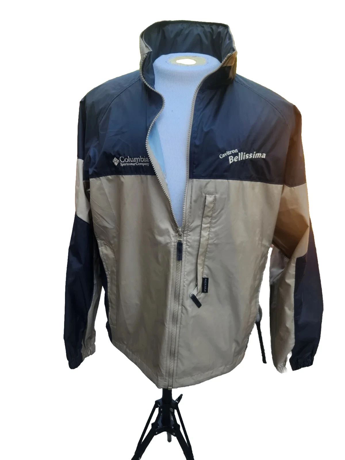 Columbia Mens Blue & Tan Size Medium Windbreaker Jacket Full Zip Vented Packable