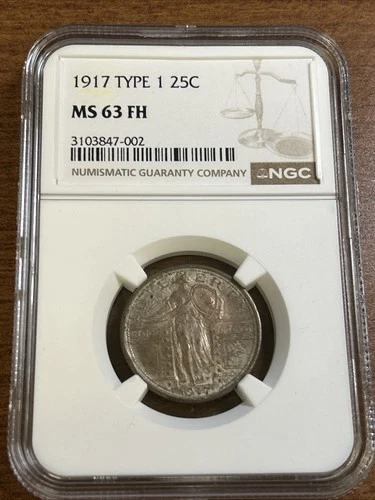 1917 Type 1 Standing Liberty Quarter NGC MS63 FH Full Head Uncirculated Toned