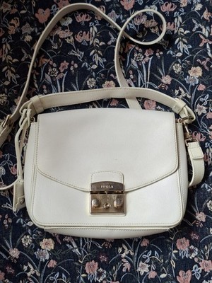 Furla Metropolis Crossbody Bag White Leather Small Shoulder Bag Gold Hardware