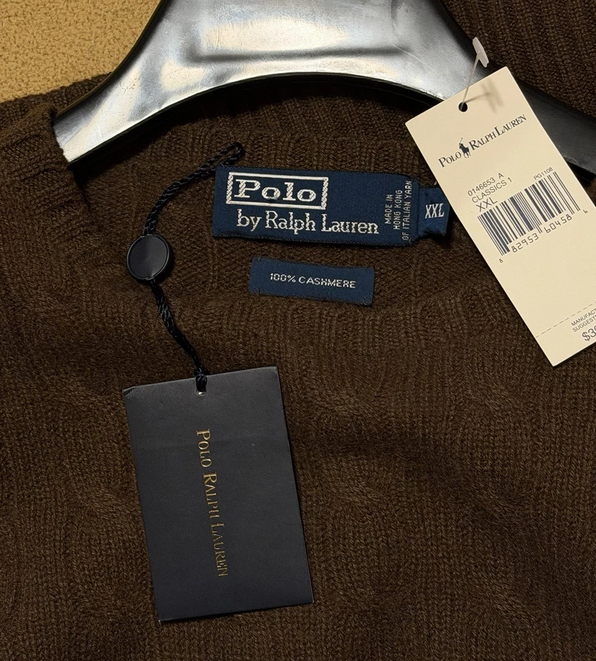 Suéter Polo Ralph Lauren 100% Cachemira Cable Marrón $397 NUEVO CON ETIQUETAS TALLA XXL Foto 3 de 4
