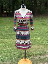 EUC Veronica M Wrap Dress Women S Pink White steal Gold V-Neck Artsy Cute!