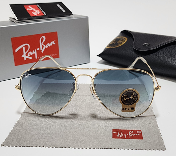 Ray-Ban RB3025 Aviator Pilot Sunglasses Gold Frame Gradient Blue Lens 58mm 138mm