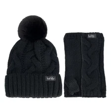 Nicole Miller Winter Hat Cable Knit Beanie and Arm Warmer Sleeves for Black