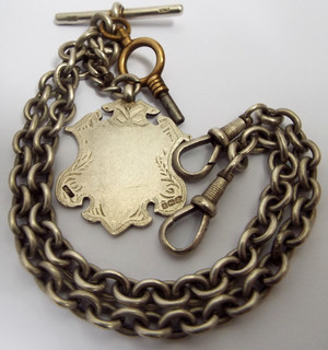 LOVELY RARE ANTIQUE 1907 STERLING SILVER FANCY ANCHOR LINK DOUBLE ALBERT CHAIN