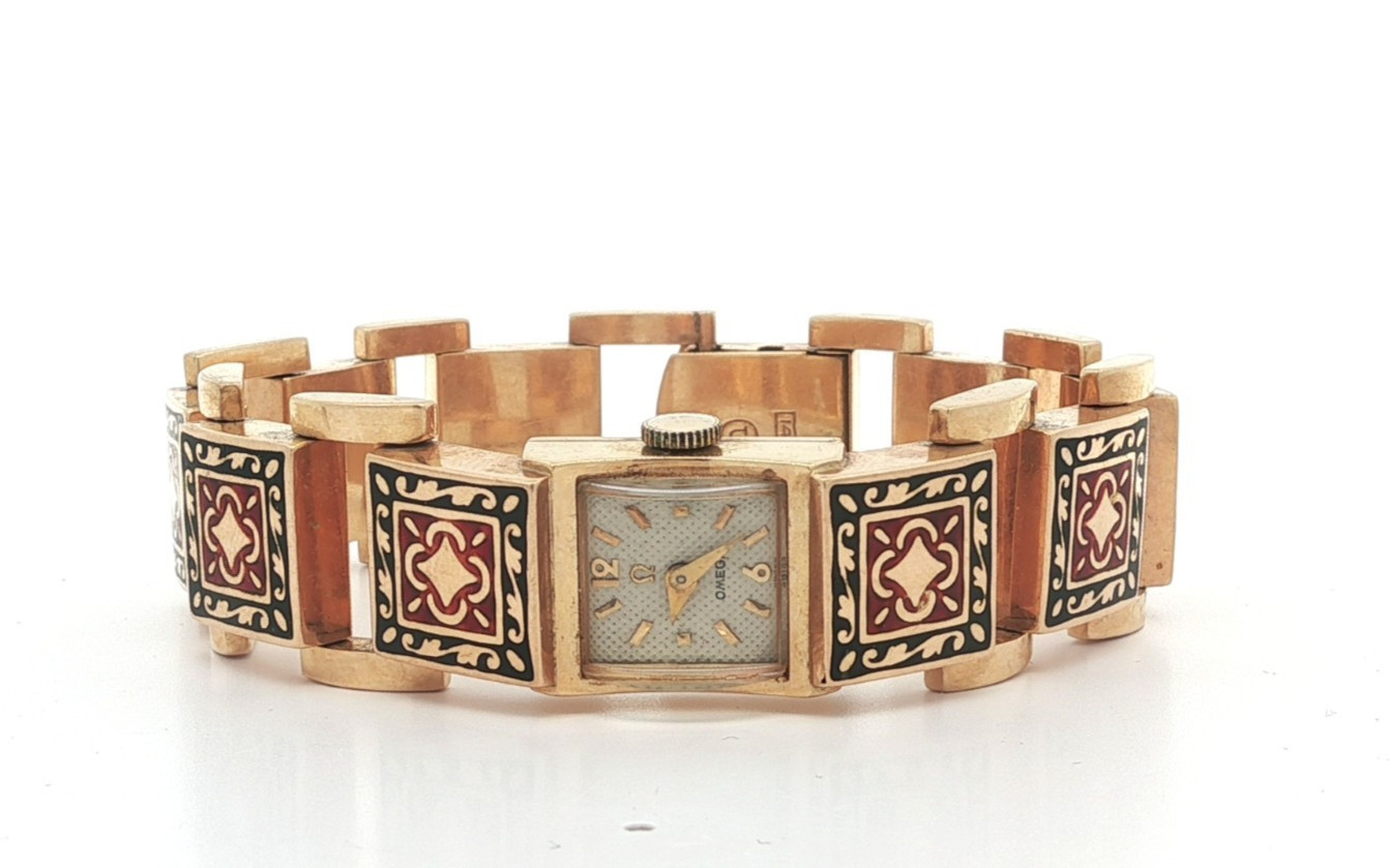 Vintage Retro Omega 14k Gold Black & Red Enamel Textured Wrist Watch Bracelet