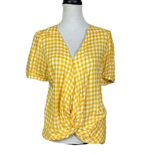 Kut from the Kloth M Golden Yellow Gingham Checkered Short Sleeve Twist Top