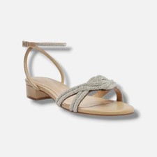 Schutz Women Beige Silver Jocelyn Rhinestone Block Leather Sandal Shoes Size 7B