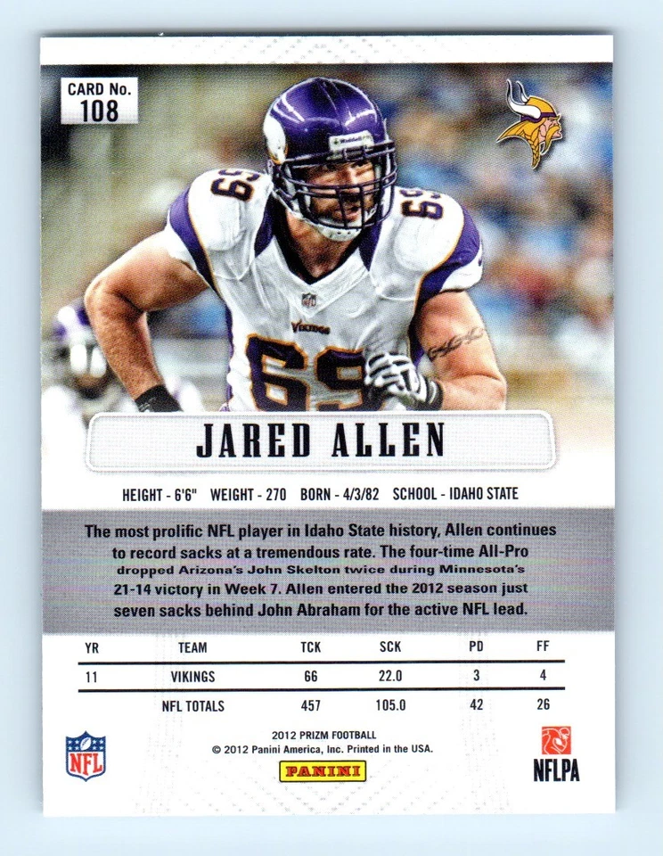 2012 Panini Prizm Jared Allen Minnesota Vikings #108 - Image 2 of 2