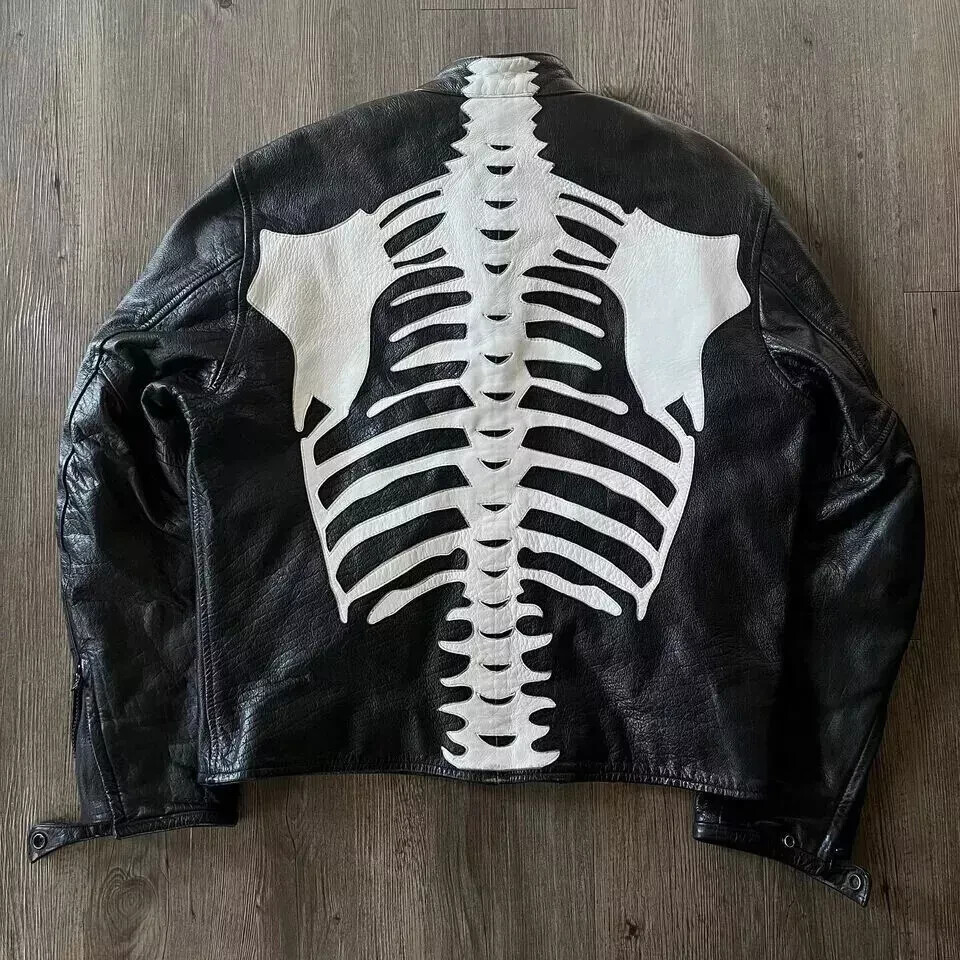 Men's Genuine Leather Skeleton Bones Jacket - Stylish Motorcycle