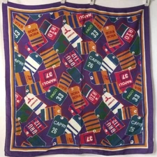 Vintage Luggage Tag Scarf Neck Head Wrap Purple Multi Square Rayon Made In Italy