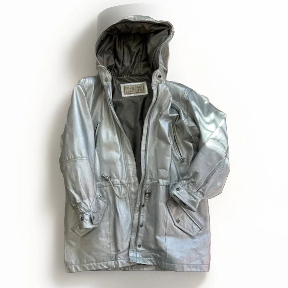 Vintage 80s Braefair Leather Hooded Parka Coat Metallic Silver L Streetwear - Image 3 of 4