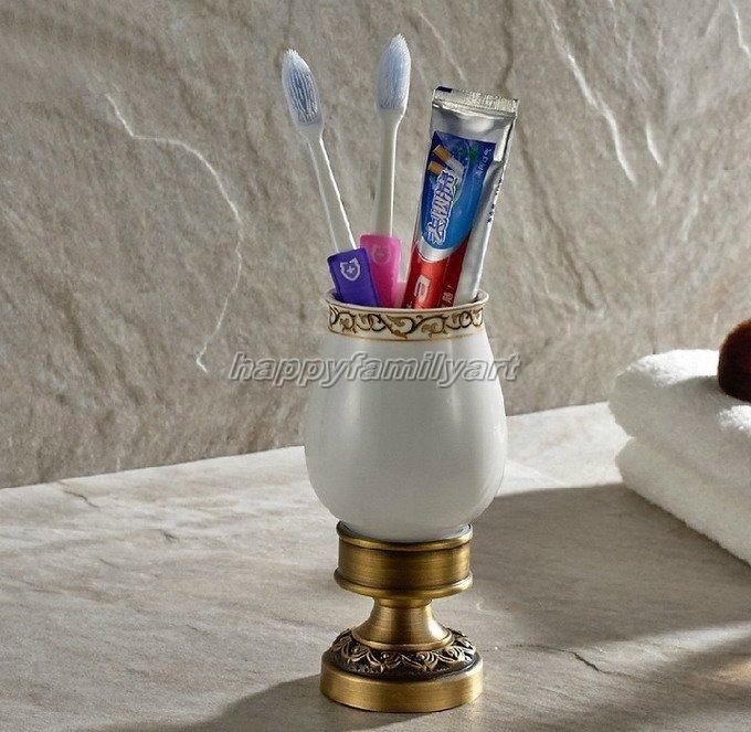 Antique Brass Bathroom Free Standing Single Ceramic Cup Toothbrush Holder yba498