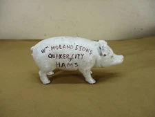 Vtg 1950s Cast Iron "Wm Moland's Sons Quaker City Ham" Piggy Bank Advertisement