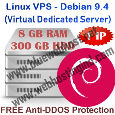 Linux VPS Server   Debian 9.4 Virtual Dedicated Hosting 8GB RAM + 300GB HDD