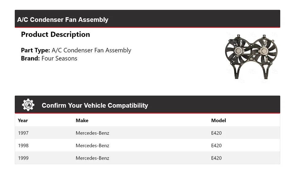 Conjunto de ventilador condensador aire acondicionado Mercedes-Benz E420 1997-1999 4 estaciones 1998 Foto 2 de 4