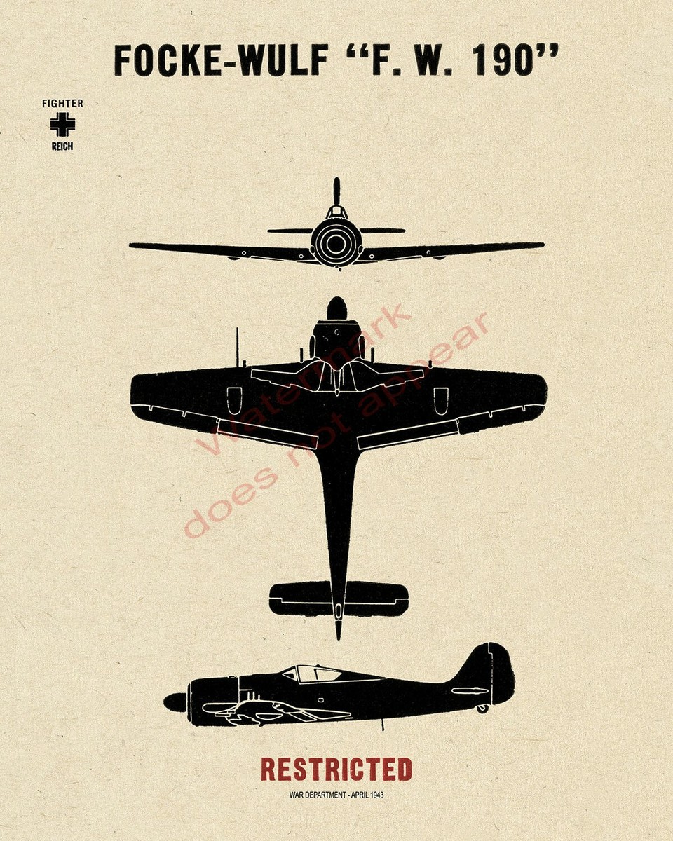 WWII German Focke-Wulf Fw 190 Fighter Aircraft Recognition Poster