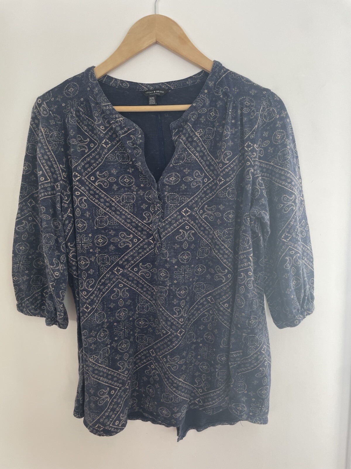 Lucky Brand Women's Paisley Print Cotton Modal Blend 3/4 Sleeve Shirt Blue 1X