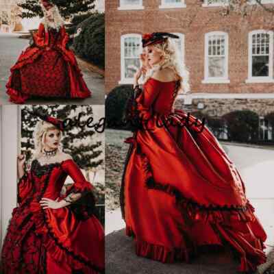Red Black Victorian Gothic Wedding Dresses Corset Plus Size Vintage Bridal  Gowns