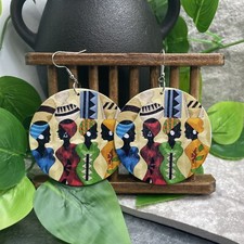 2  Silver-tone Earring Set Boho Retro Wood Dangle Juneteenth African A1402