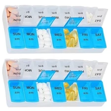 7 Day Pill Organizer with Large 14 Compartments, Weekly Portable Pill Box 2 Pack