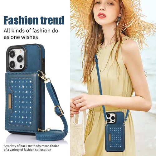 For iPhone 15 Pro Max 14 12 11 XR 8 Diamond Leather Wallet Lanyard Cover Case - Picture 35 of 72