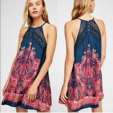 Free People Shea Printed Small Blue Pink Mini Shift Dress